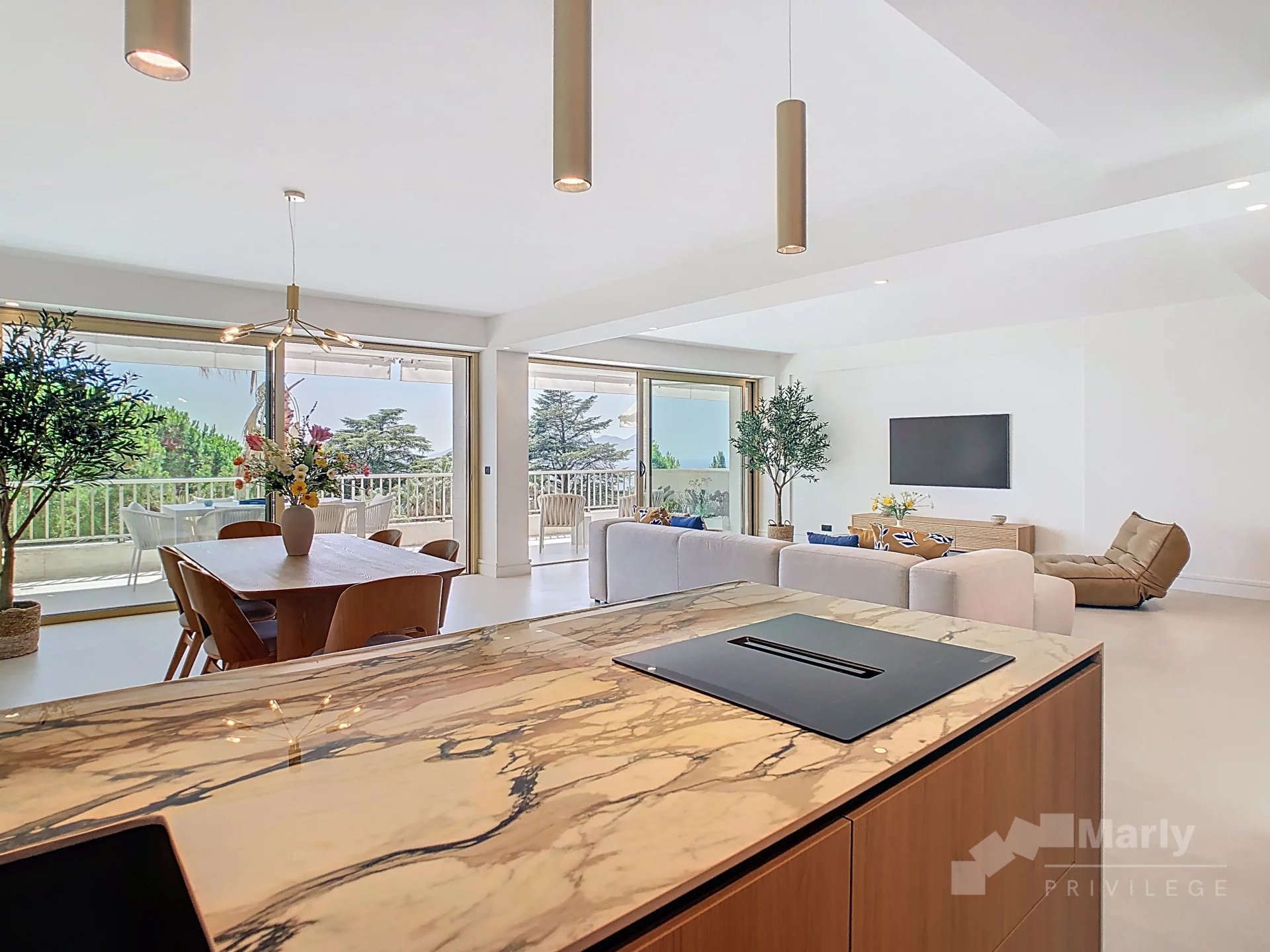 Elegant apartment with sea view in Cannes Interior of an elegant apartment with sea views in Cannes, including a bright living room and a terrace.