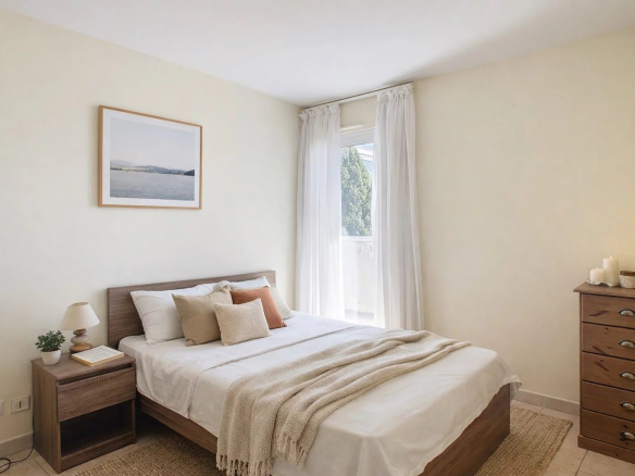 Chambre d'une maison de ville à Cannes, avec lit simple, décoration sobre et fenêtre laissant entrer la lumière.