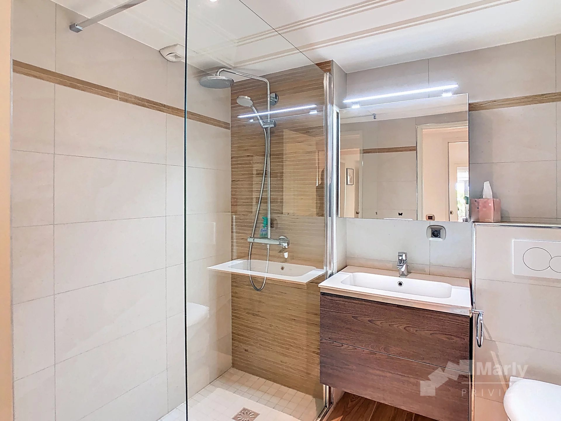 Salle de bain moderne Salle de bain moderne avec douche à l'italienne et meuble vasque en bois.