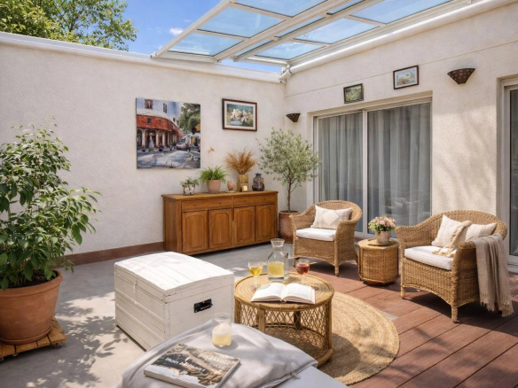 Terrasse d'un appartement à Cannes avec mobilier en osier et plantes.
