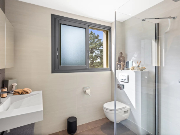 Modern bathroom with shower, sink and window, decorated with elegant accessories.