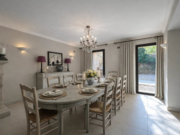 Dining room of a villa with a large table and a chandelier, natural light coming in through the windows.