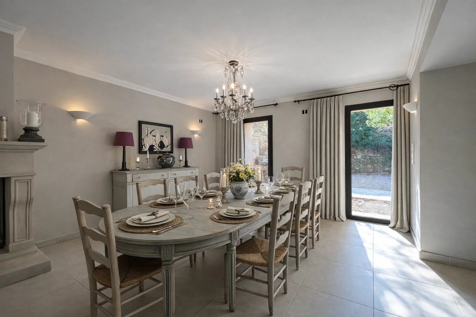 Elegant dining room Dining room of a villa with a large table and a chandelier, natural light coming in through the windows.
