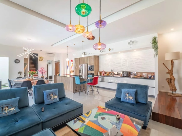 Modern interior of a villa with living room and open kitchen in La Ciotat.