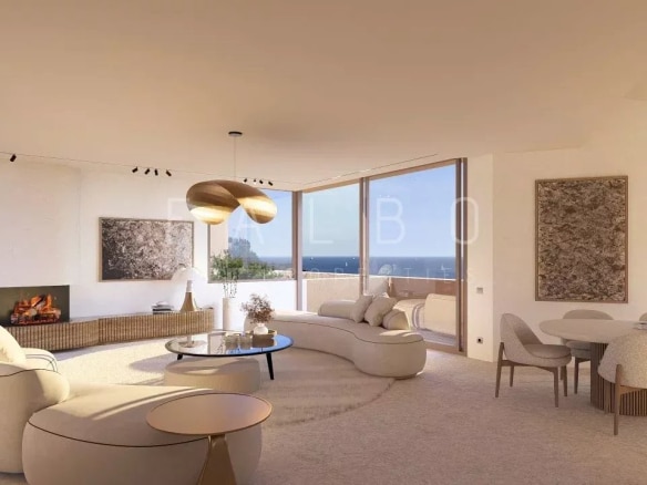 Interior of a modern architect-designed villa with sea views, contemporary furniture and natural light.