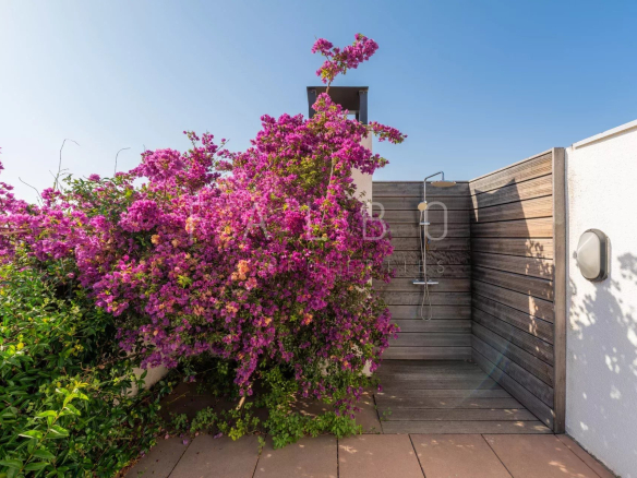 Terrasse d'un appartement avec des fleurs colorées et une douche extérieure.