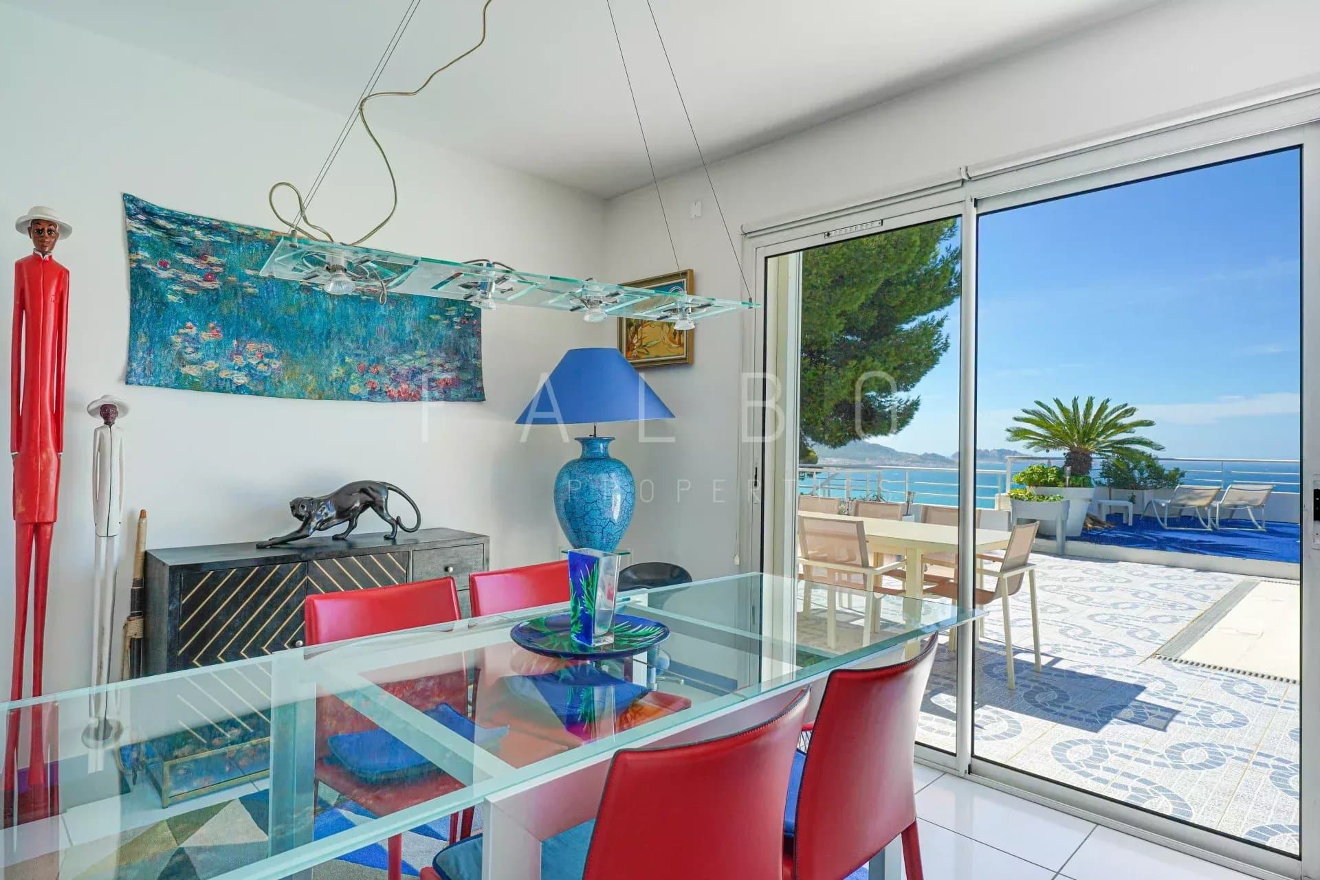 Modern dining room with sea view, contemporary villa in Marseille