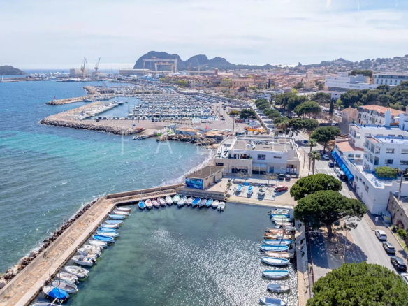 Vue aérienne du port de La Ciotat avec des bateaux et des montagnes en arrière-plan.