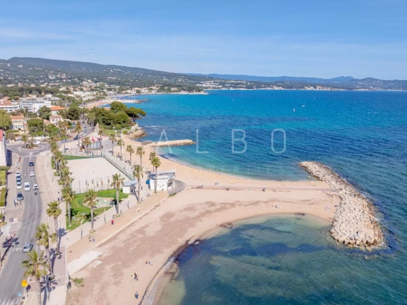 Vue aérienne de la plage et de la promenade à La Ciotat, avec des palmiers et des bâtiments en arrière-plan.