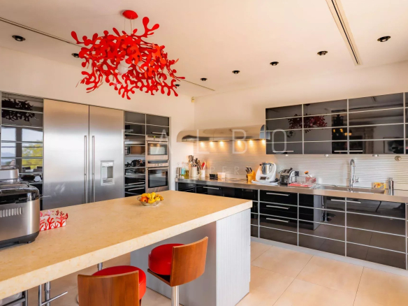 Cuisine moderne avec îlot central et équipements en acier inoxydable dans une villa contemporaine.