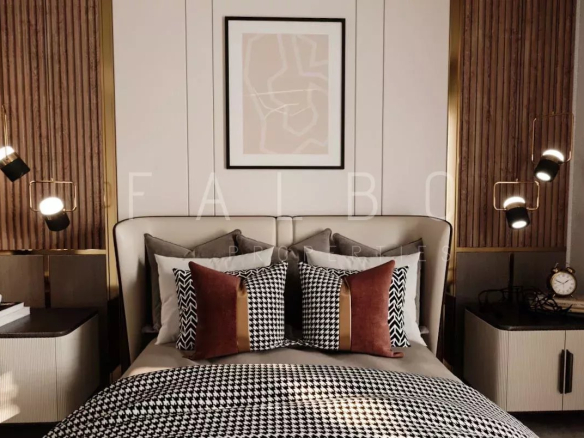 Bedroom in a contemporary 6-room apartment with bed and modern decor.