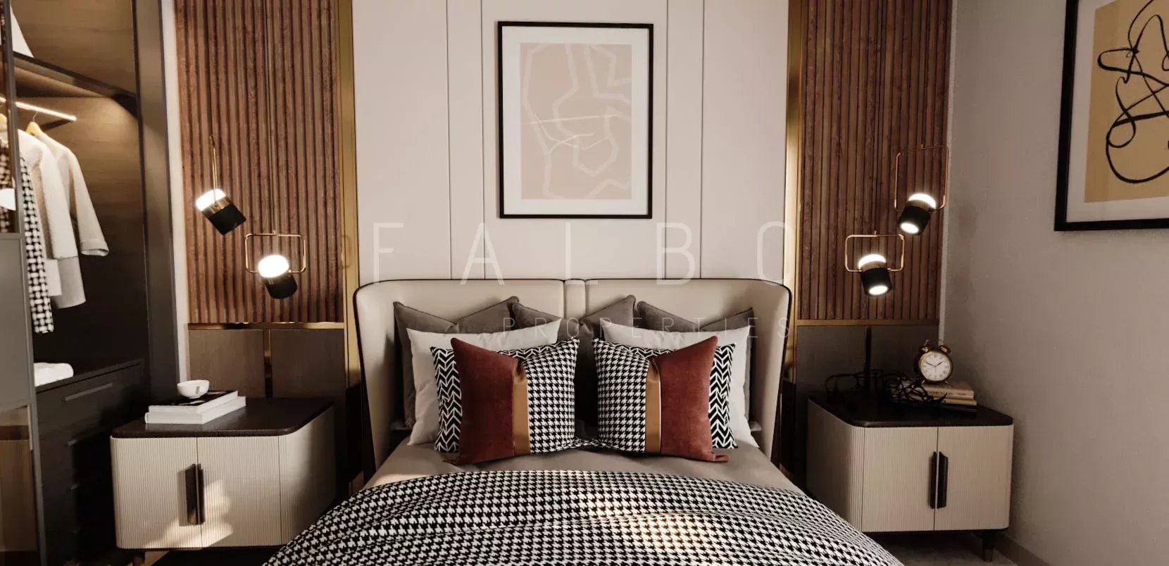 Bedroom in a contemporary 6-room apartment with bed and modern decor.