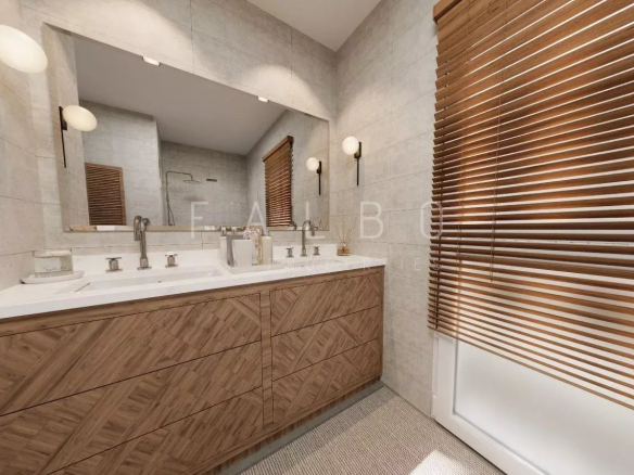 Modern bathroom with wooden furniture and illuminated mirror.