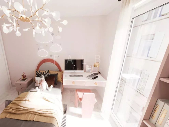 Contemporary 6-room apartment bedroom with desk and window