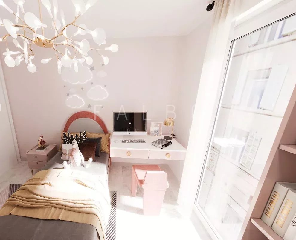 Contemporary 6-room apartment bedroom with desk and window