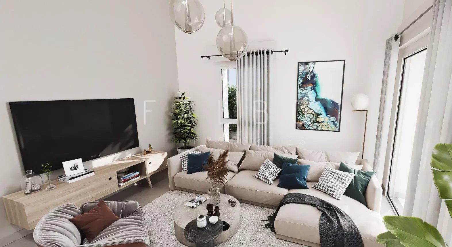 Bright living room of a contemporary 6-room apartment with sofa and modern decor.