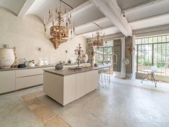 Interior of a modern kitchen in a stone farmhouse, with a large worktop and decorative elements.