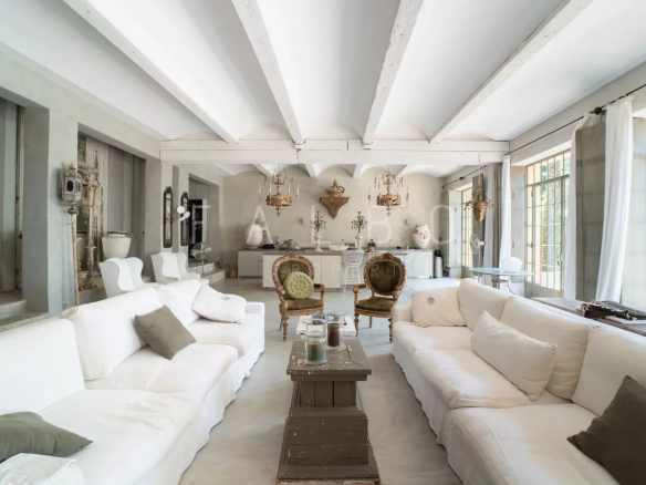 Interior of a Provençal farmhouse with a spacious living room and elegant furniture.