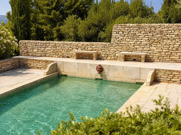 Stone swimming pool with dry stone wall and benches, surrounded by greenery, in a farmhouse near Uzès.