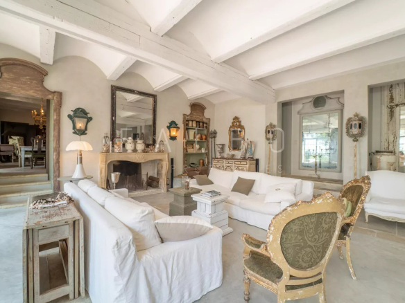 Interior of a stone farmhouse with a spacious living room, elegant furniture and a fireplace.
