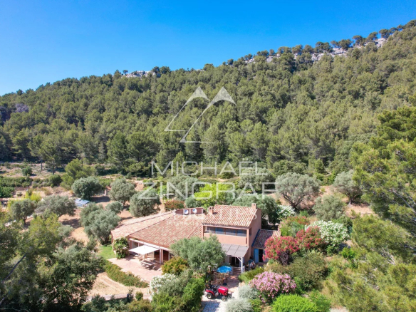 Drone view of a house with orange-tiled roof nestled among trees on a hillside, bright blue sky overhead, with a lush garden surrounding the property.