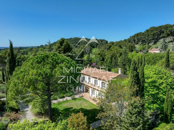 Charming hillside villa surrounded by tall trees and lush greenery under a clear blue sky