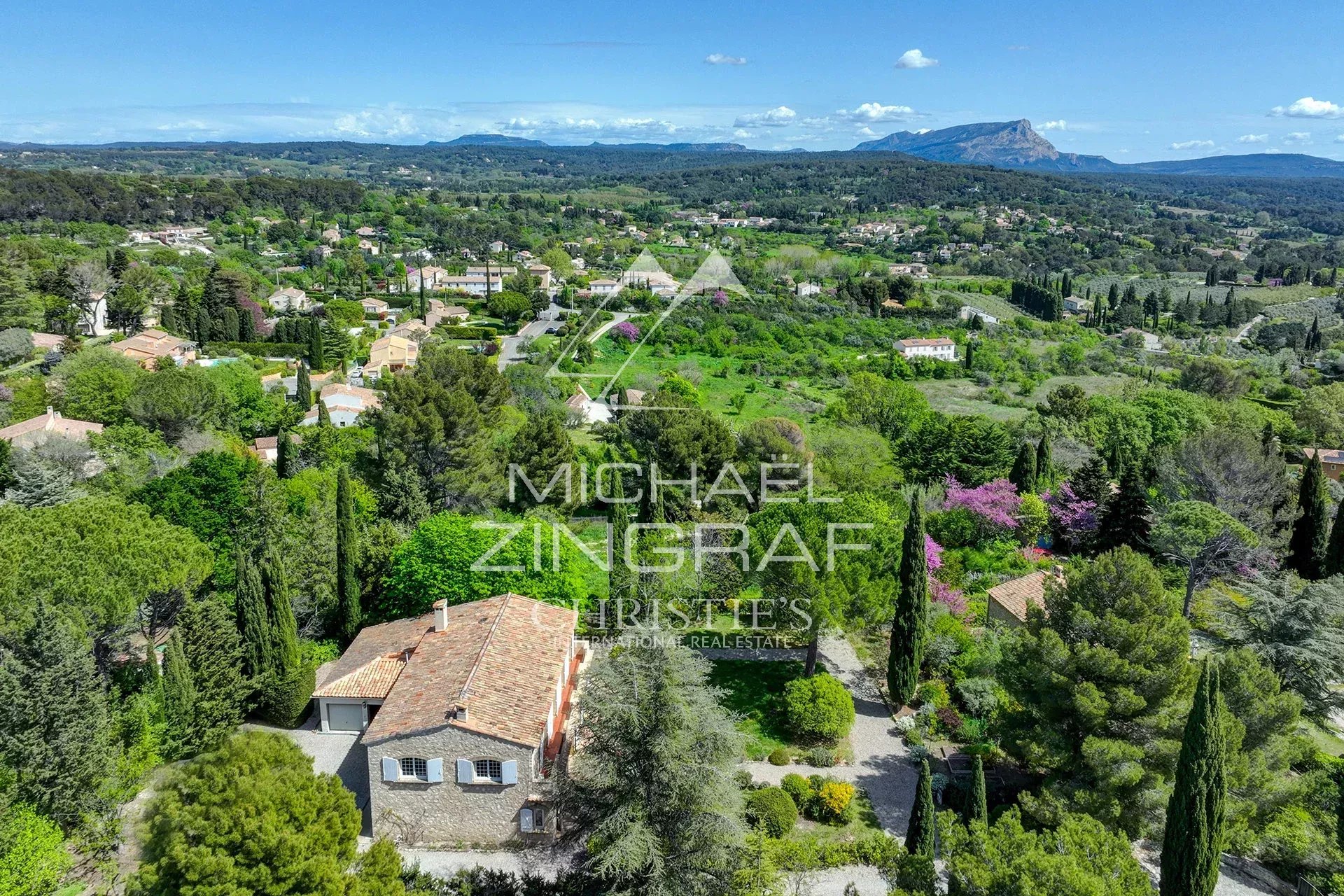 Aerial view of a green, rural village with trees, shrubs, and scattered houses under a blue sky and distant mountains.