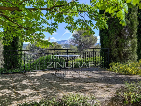 Sunlit stone terrace with a decorative black railing and a view of trees and distant mountains framed by bright green leaves above.