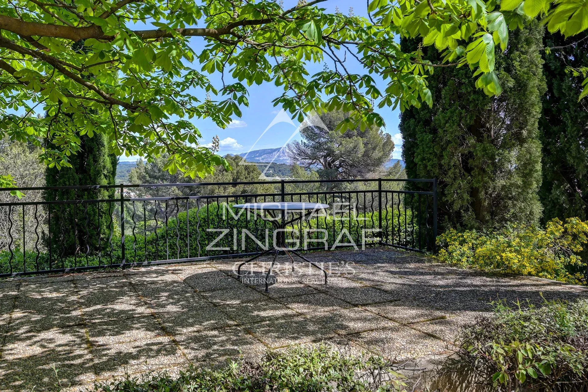 Sunlit stone terrace with a decorative black railing and a view of trees and distant mountains framed by bright green leaves above.