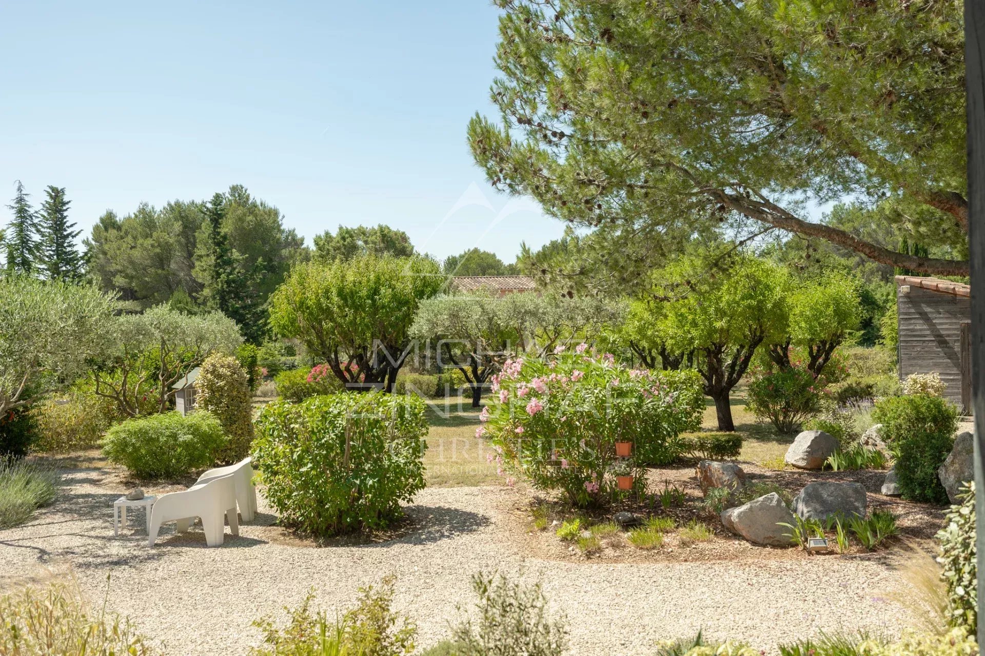 Jardin paysager d'une villa contemporaine avec arbres et fleurs à Lauris.