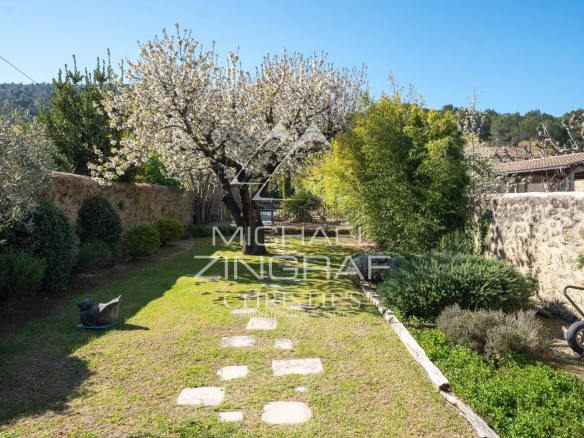 Jardin d'une demeure provençale avec arbres et allée enherbée