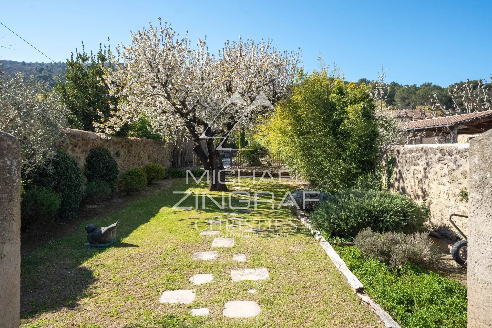 Jardin d'une demeure provençale avec arbres et allée enherbée