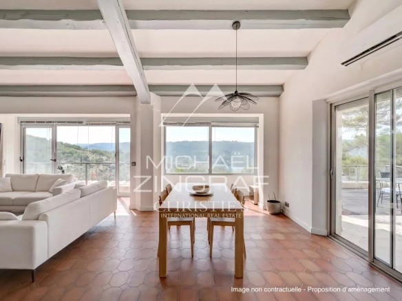Bright interior of a house with a view of Lake Esparron, Verdon Gorges.