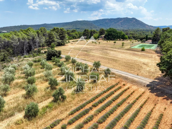 Aerial view of a 19th century country house surrounded by an estate with olive trees and a tennis court.