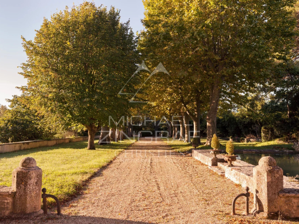 Allée bordée d'arbres dans un parc paysager à Aix-en-Provence.