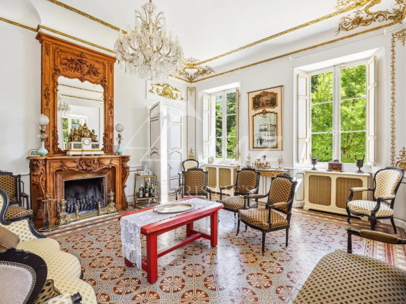 Intérieur d'une propriété provençale avec salon élégant, cheminée et décoration raffinée.