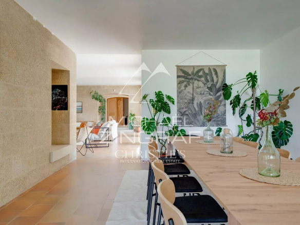 Interior of a 1970s house with a large dining table and plants, Provençal style.