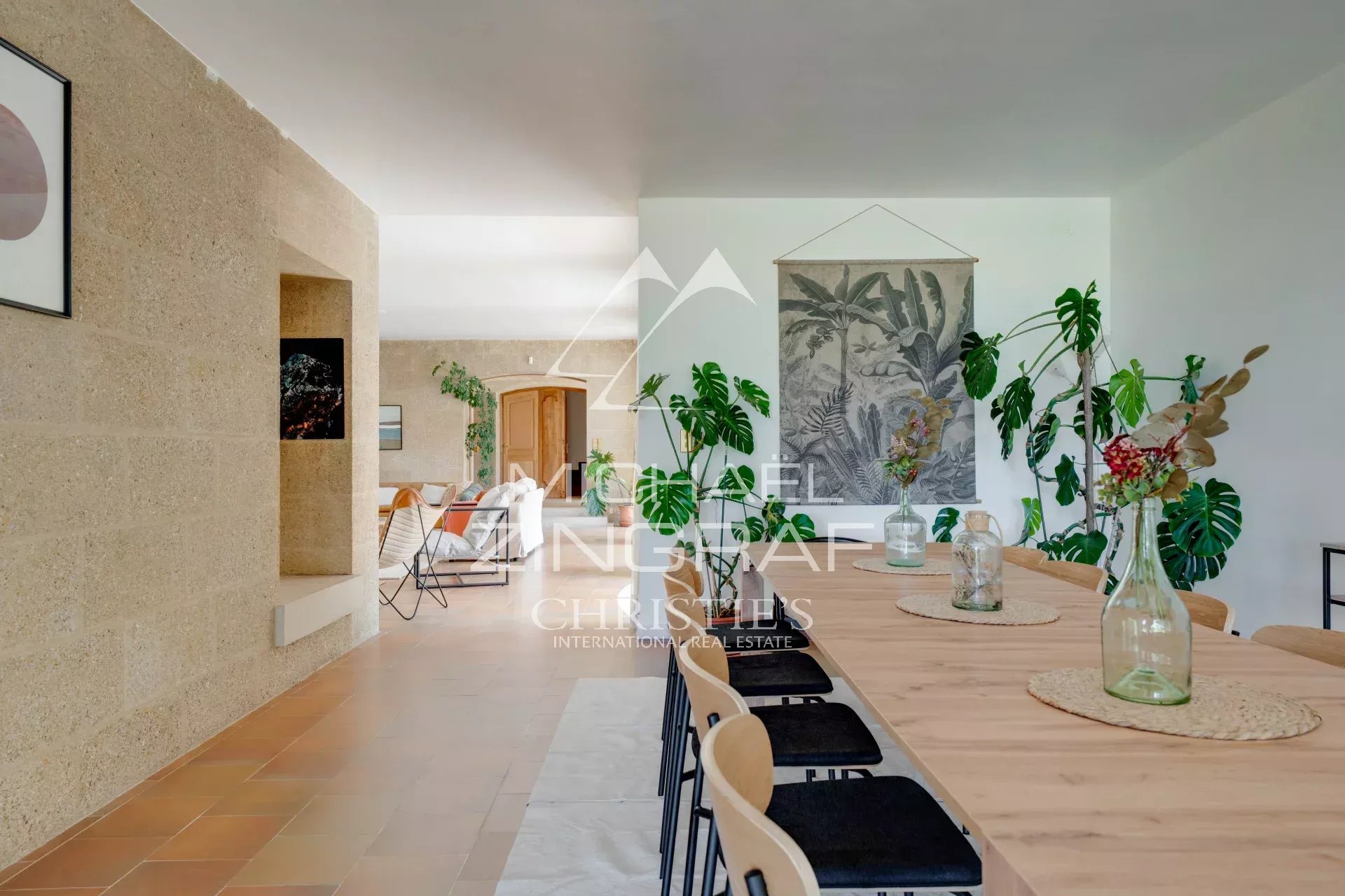 Interior of a 1970s property Interior of a 1970s house with a large dining table and plants, Provençal style.
