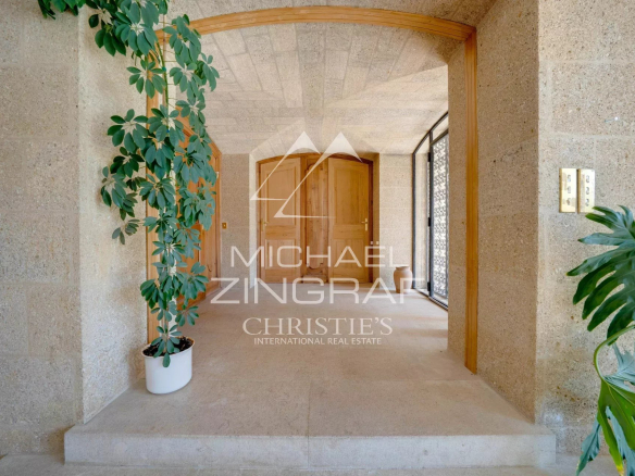 Entrance to a 1970s property with wooden doors and houseplants.