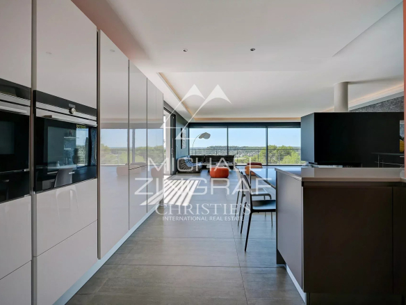 Interior of a contemporary villa with modern kitchen and panoramic views of nature.