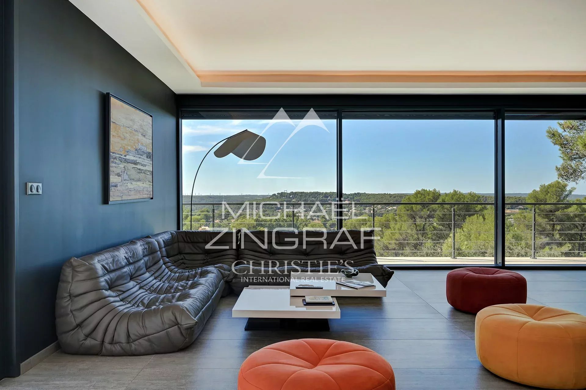 Interior of a contemporary villa Interior of a contemporary villa with panoramic views and modern furniture in Aix-en-Provence.