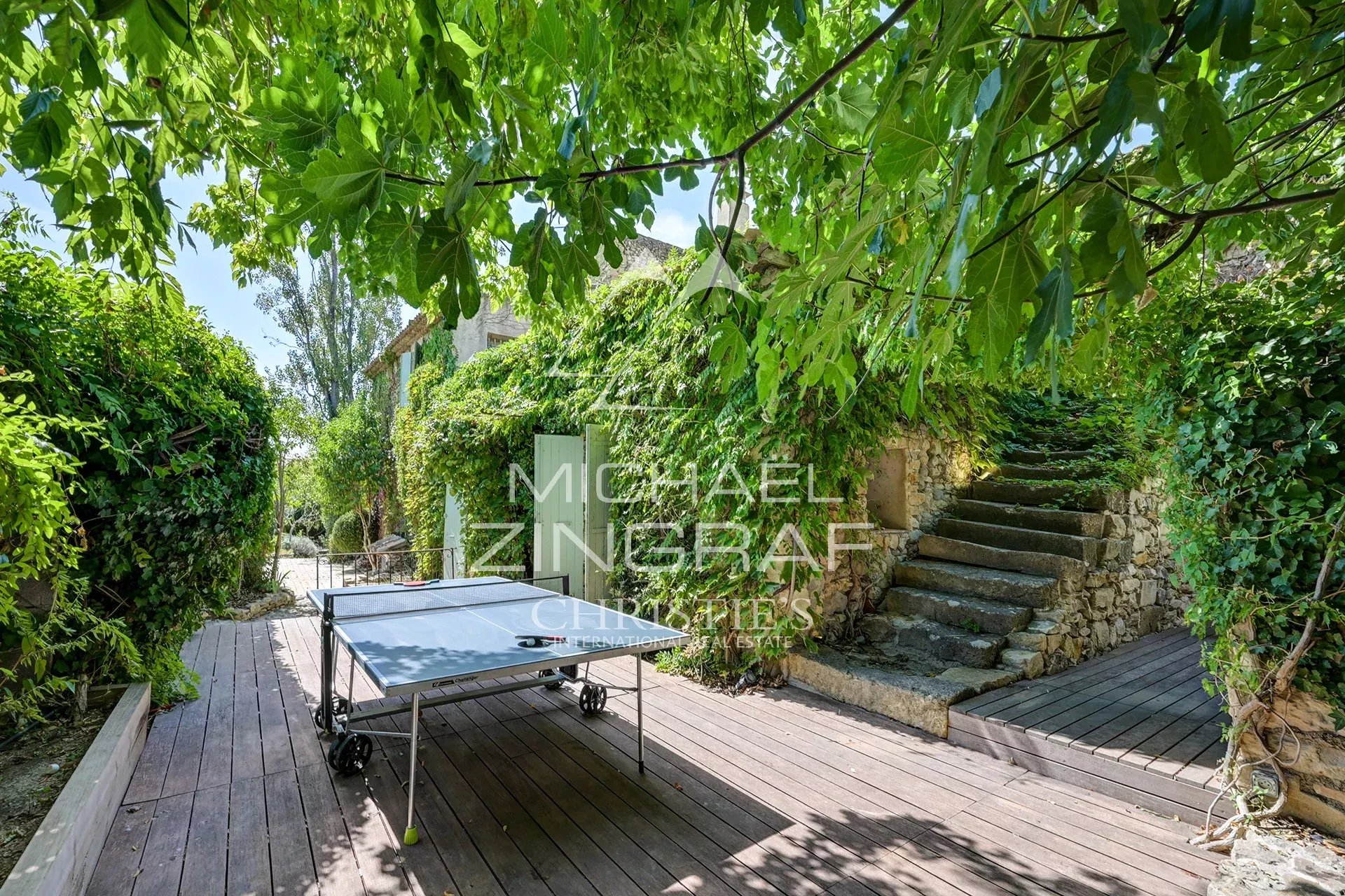 Terrace of a renovated silkworm farm Wooden terrace with ping-pong table and lush vegetation near a renovated silkworm farm