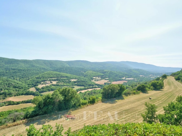 Panoramic view of the hills and fields around Montjustin, with a clear sky.
