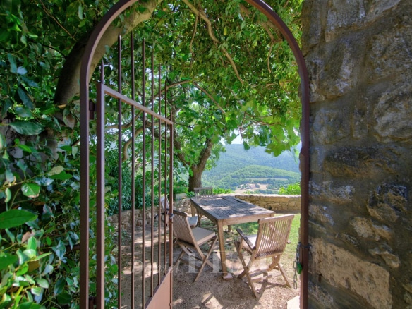 View of a wooden table under a tree, with a wrought iron door, overlooking a green landscape.