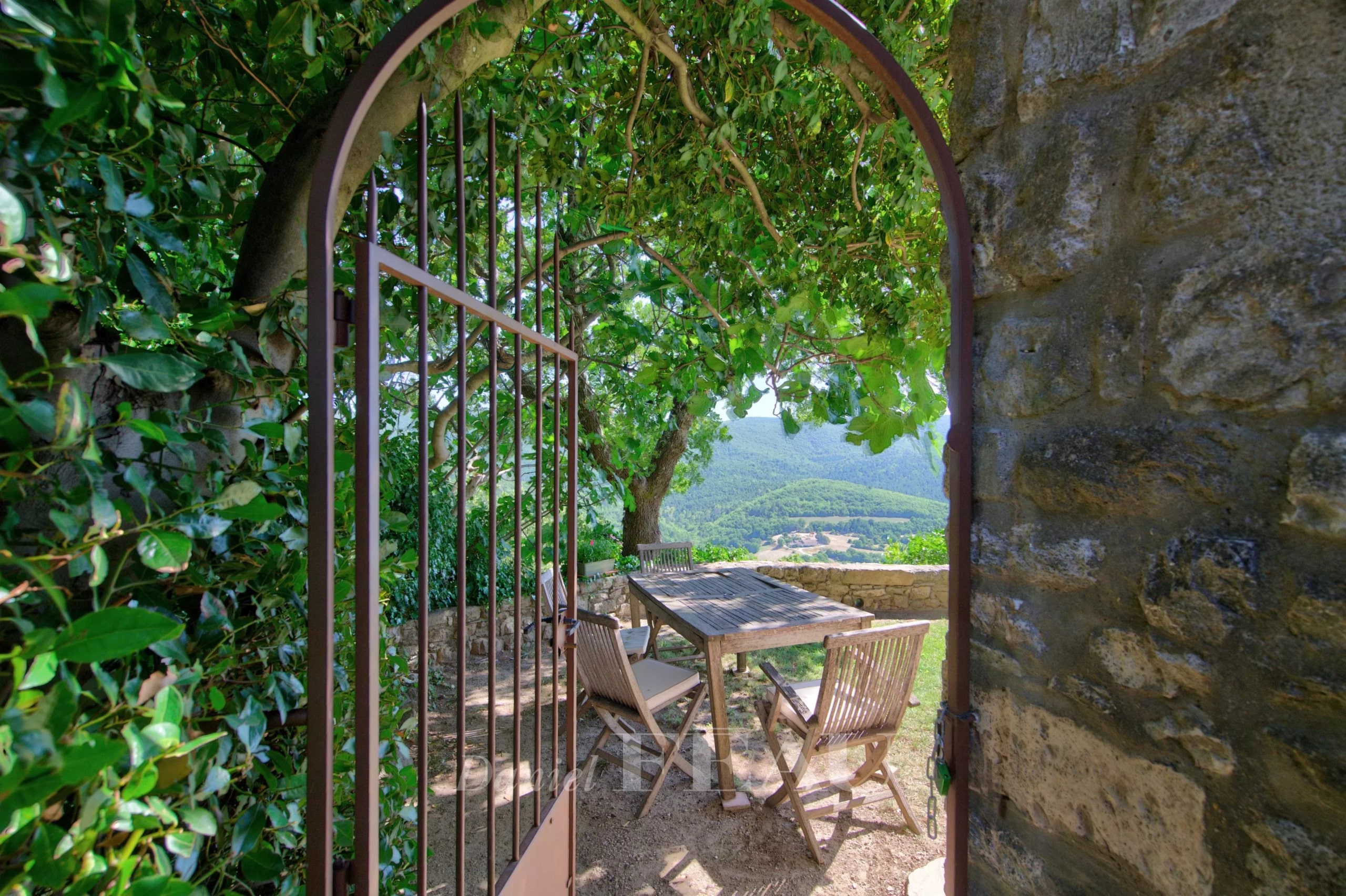 View of a wooden table under a tree, with a wrought iron door, overlooking a green landscape.