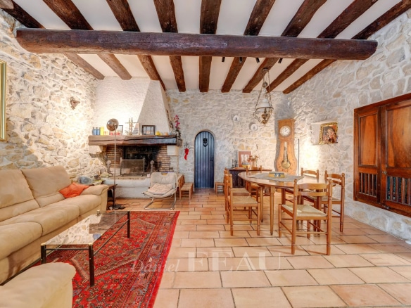 Intérieur d'un mas en pierre avec cheminée, salon et salle à manger, décor rustique.