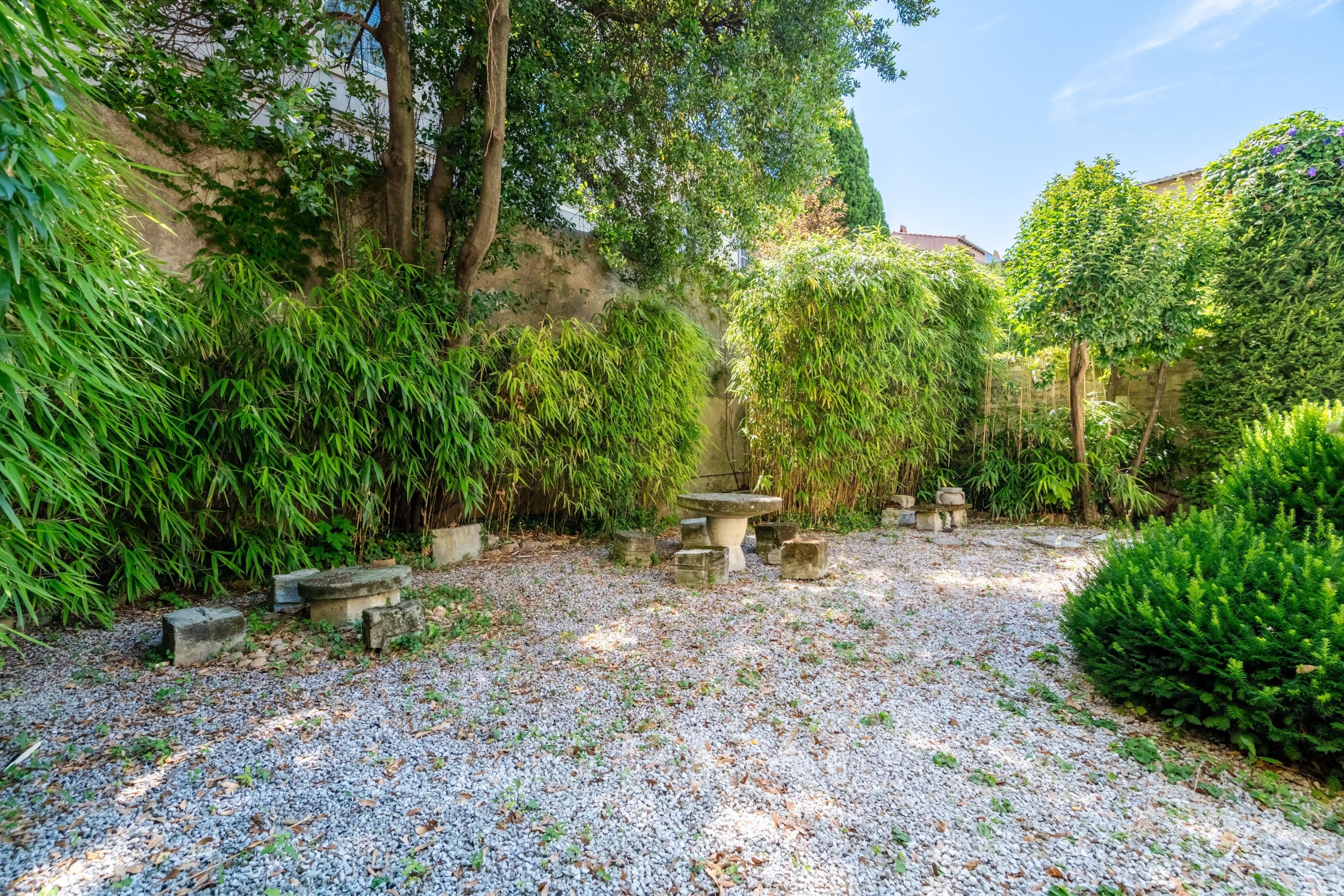 Jardin arboré d'un hôtel particulier du XIXème siècle à Avignon, avec des pierres et des plantes.