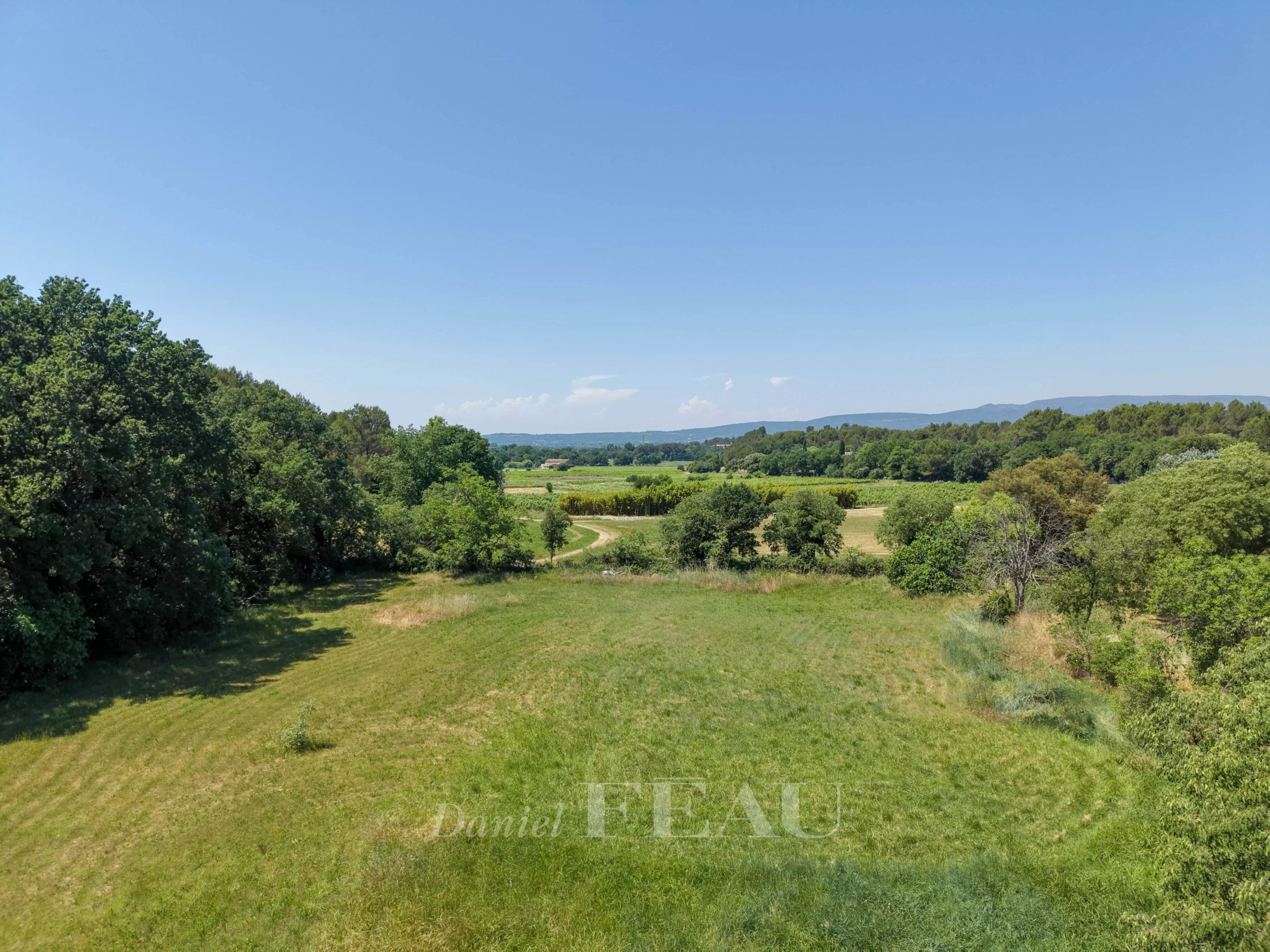 Vue dégagée sur un parc verdoyant avec des arbres et des collines en arrière-plan à Ménerbes.