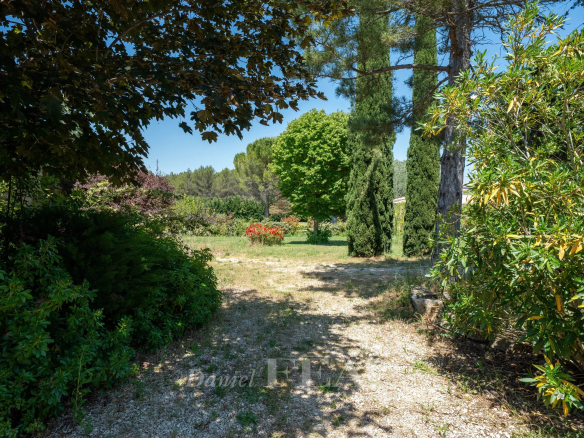 Vue d'un parc verdoyant avec des arbres et des buissons, menant à un mas du XVIIIe siècle à Ménerbes.
