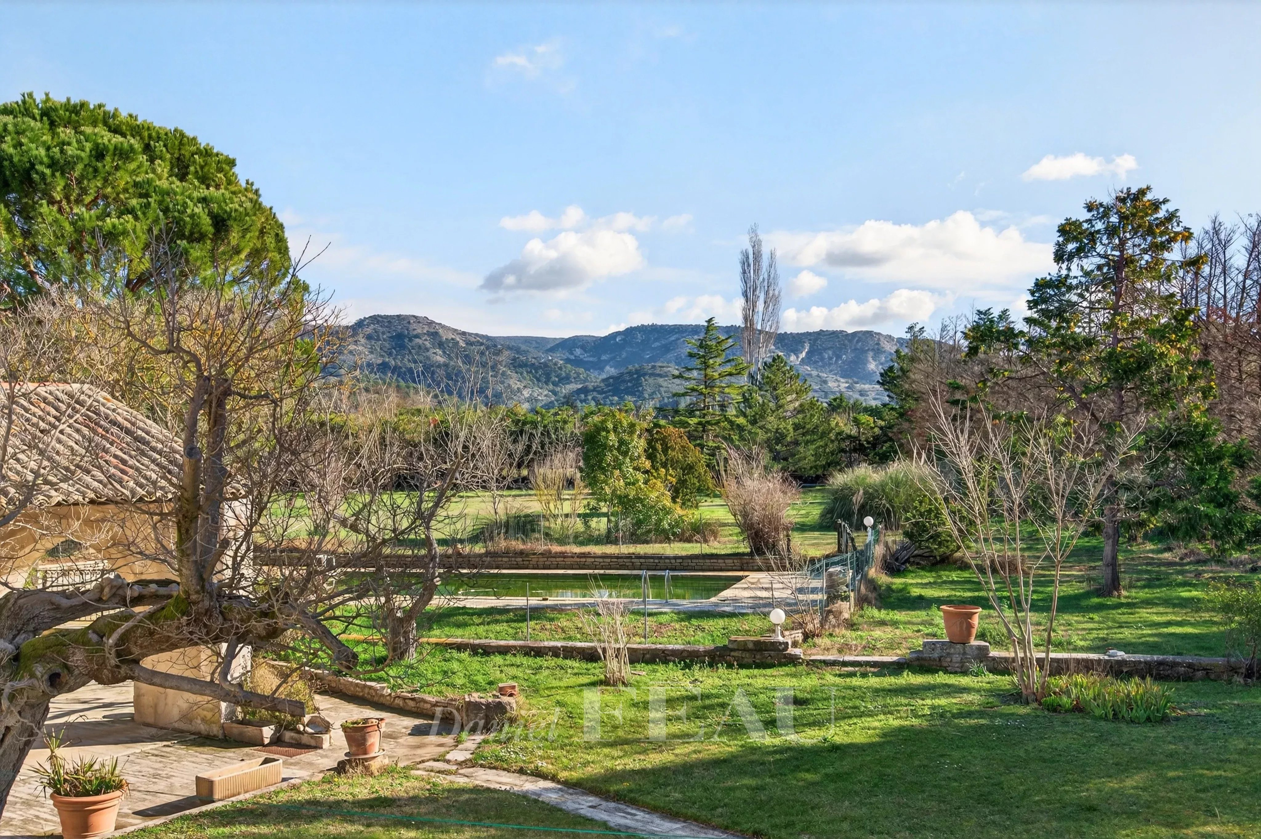 View of a Provençal farmhouse with wooded grounds and mountains in the background in Cavaillon.